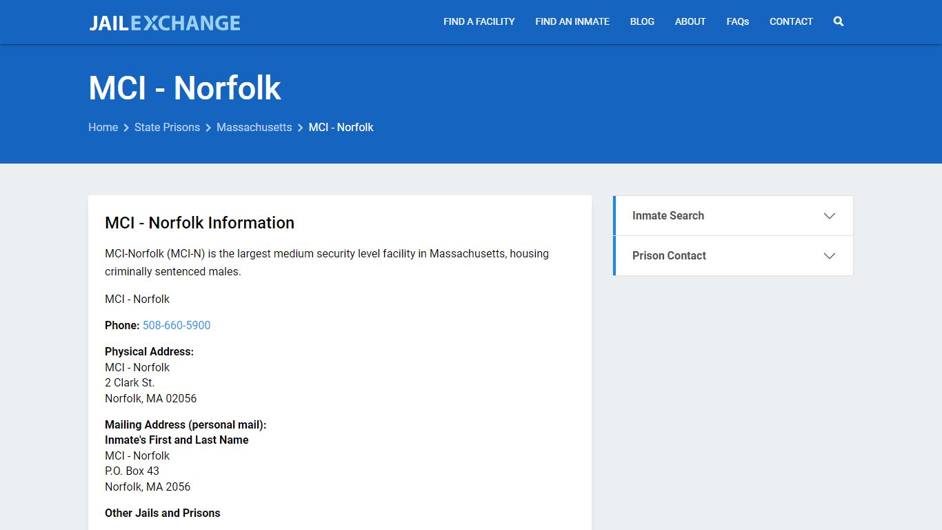 MCI - Norfolk Inmate Search, MA - Jail Exchange
